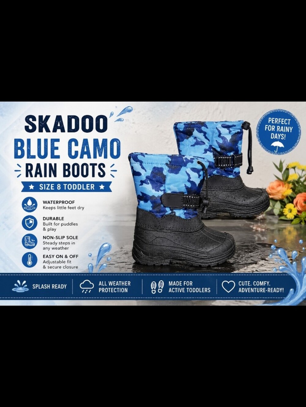 SKADOO Blue Camo Rain Boots 8 Toddler